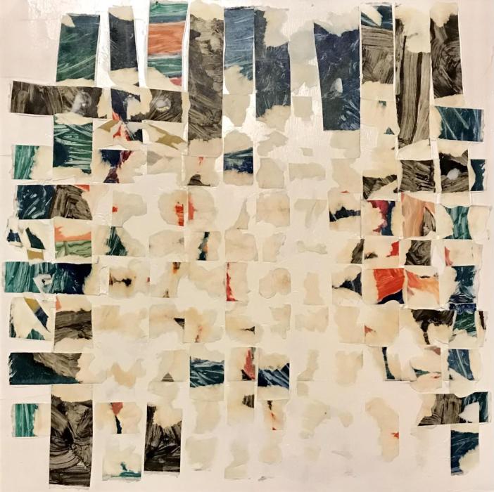 abstract collage of torn prints on paper, 24" x 24'" colorful